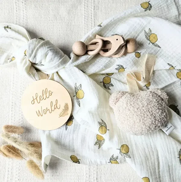 Coffret Cadeau de Grossesse Beige - Tissu hydrophile, doudou tétine et hochet en bois oiseau