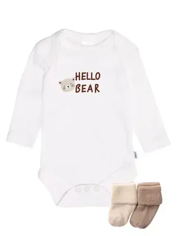 Ensemble 3 pièces, body à manches longues avec imprimé "Hello Bear"