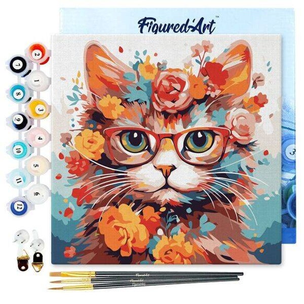 Mini Peinture par Numéros 20x20cm avec cadre Chaton fantaisie et fleurs  Figured'Art Figured'Art