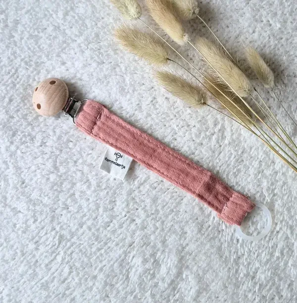 Chaîne tétine en tissu hydrophile avec clip de fixation en bois - Vieux rose