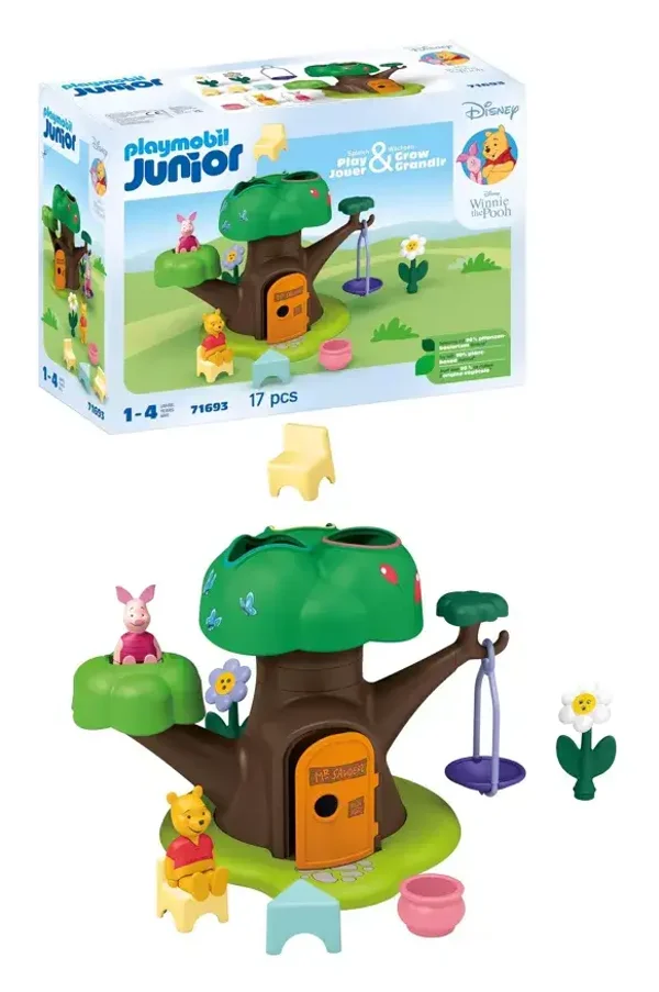 Playmobil 71693 Junior & Disney : Winnie l'ourson et Porcinet avec cabane - Comprend Une balançoire et Plusieurs Accessoires - Jouet fabriqué à partir de matière d'origine végétale - Dès 12 Mois