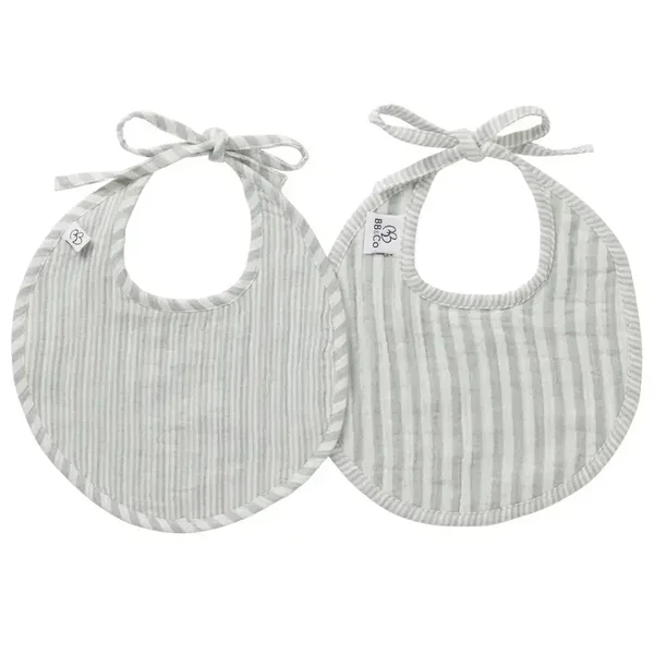 Lot de 2 bavoirs naissance gaze de coton - rayé vert de gris