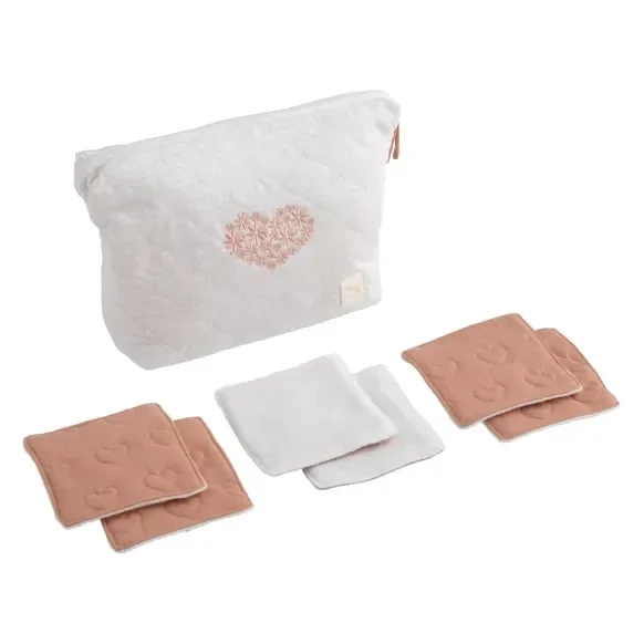 Trousse de toilette en coton matelassé et 6 carrés éponge - PETIT COEUR  Sauthon Sauthon