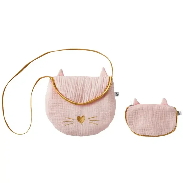 Sac bandoulière + porte-monnaie Chat - rose blush / or