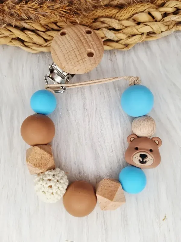 Speenkoord - Beer peach brons, babyblauw