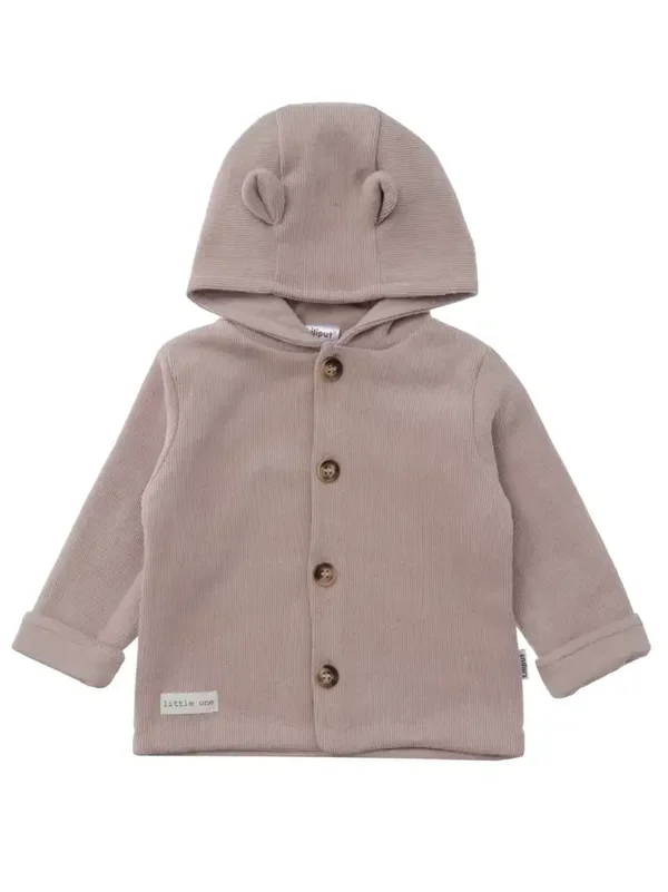 Cardigan côtelé marron avec petites oreilles sur la capuche