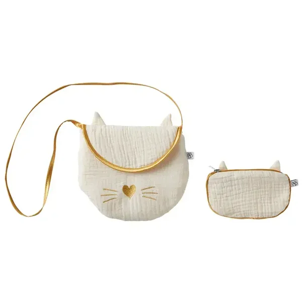 Sac bandoulière + porte-monnaie Chat - ivoire / or