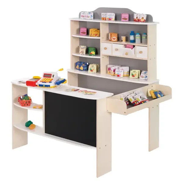 Comptoir de vente ROBA avec accessoires, bois naturel, blanc et gris
