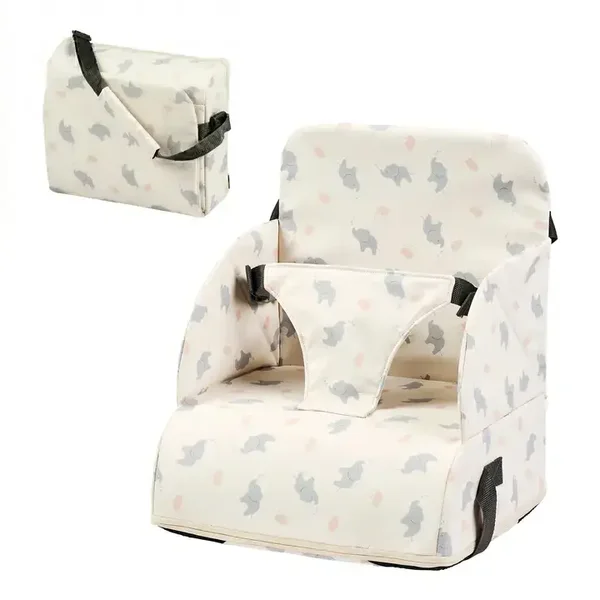 Nouveau  Foody rehausseur pliable pour chaise de salle à manger - assise résistante à l'eau avec ceinture de sécurité - écru avec éléphants