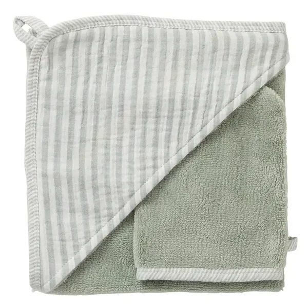 Cape de bain + gant - éponge bambou / gaze rayé vert de gris
