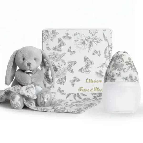 Coffret Biberon + Doudou | Tartine et Chocolat "Toile de Jouy" Gris