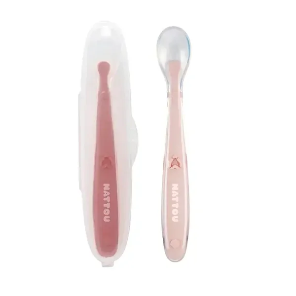 Cuillères en silicone pour enfants - 2 pièces - 16 cm - Boîte de rangement pour 1 cuillère - Sans BPA - Rose poudré