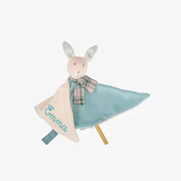 Doudou attache-tétine lapin bleu