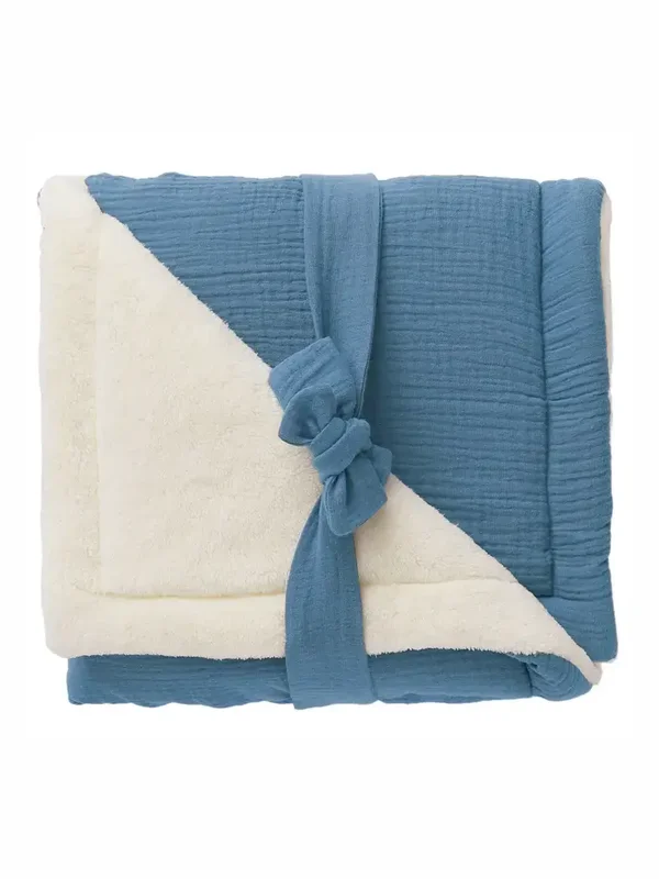 Couverture peluche double gaze & microfibre - Pierre bleue