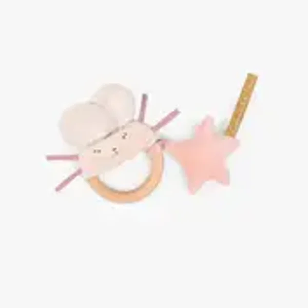 Hochet anneau bois souris rose