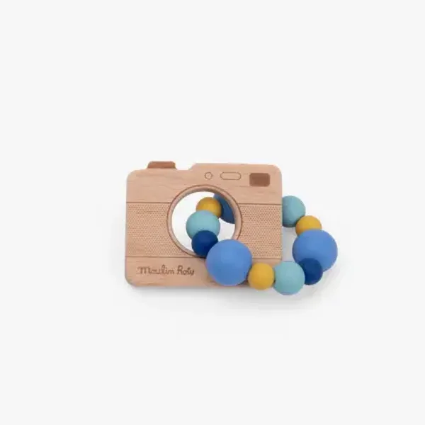 Hochet anneau de dentition bois et silicone appareil photo