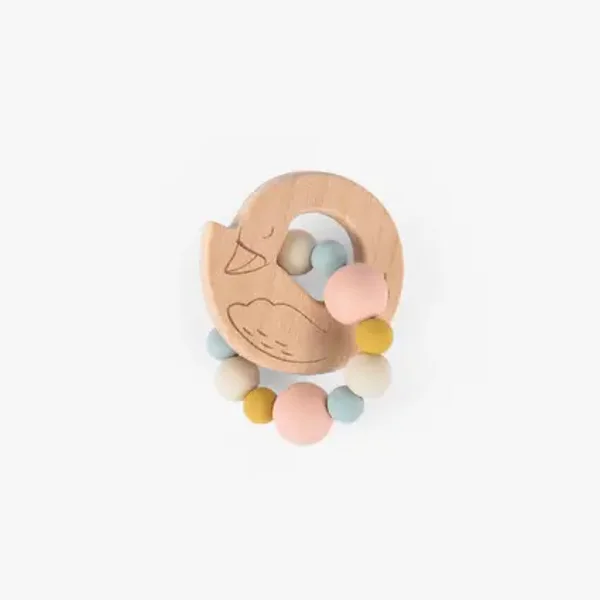 Hochet anneau de dentition bois et silicone Cygne