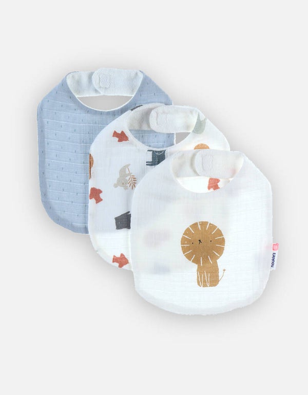 Set de 3 bavoirs mousseline de coton BIO, écru/bleu Noukie's