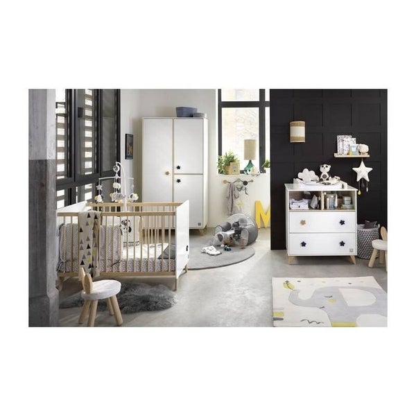 Trio lit 120x60 + commode + armoire Oslo boutons étoile