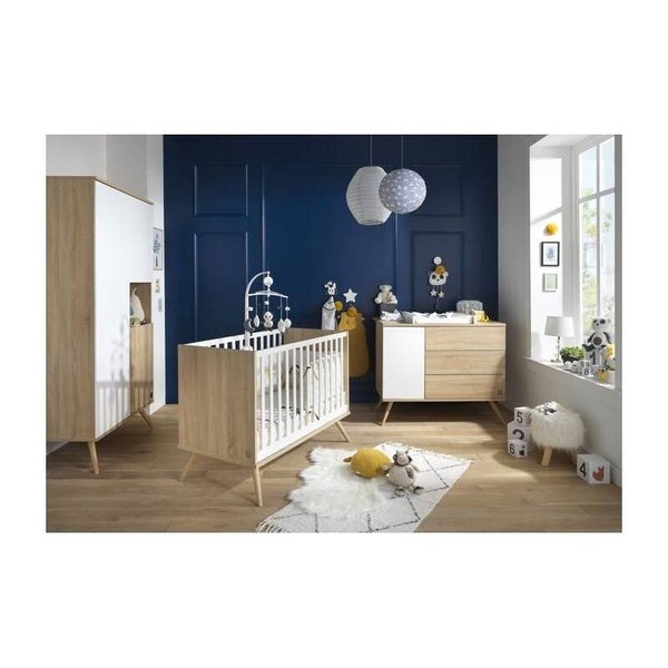 Trio lit 120x60 + commode + armoire Seventies Bois Blanc