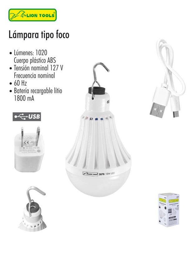 LAMPARA RECARGABLE TIPO FOCO CON GANCHO DE  12 W DE CARGADOR USB PORTATIL
