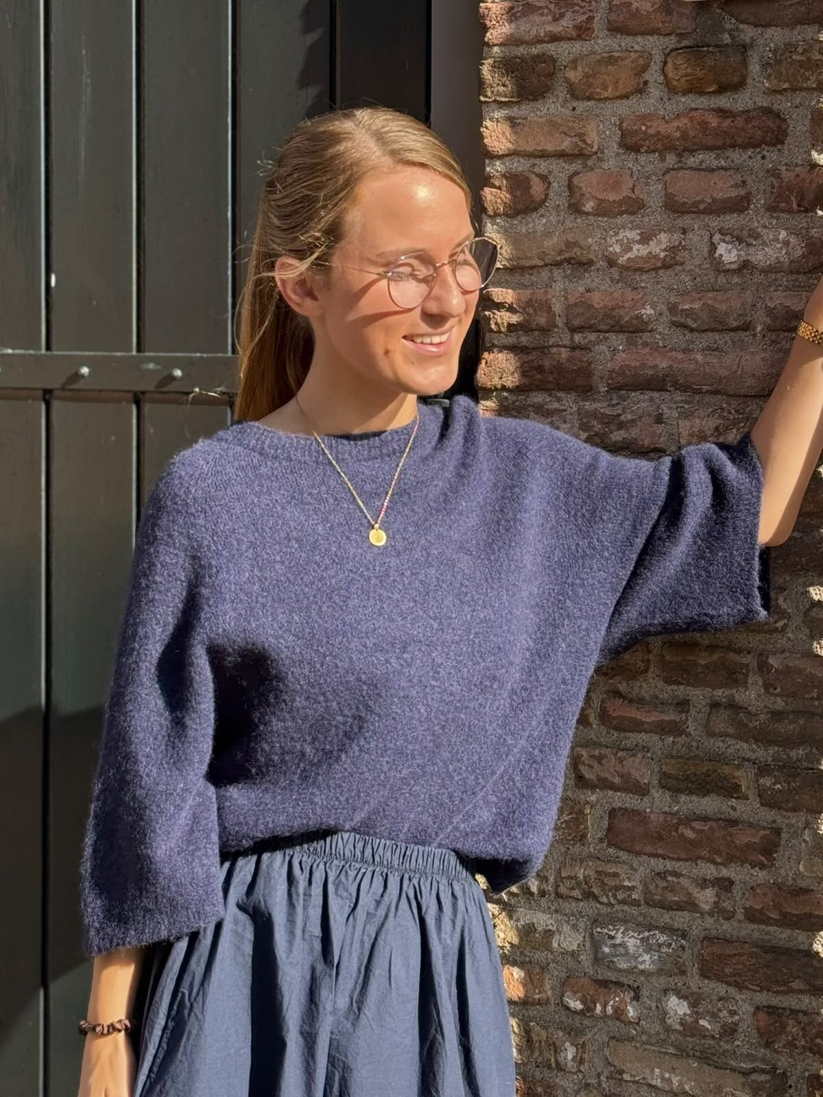 Gebreid truitje blauw 3 kwart mouw