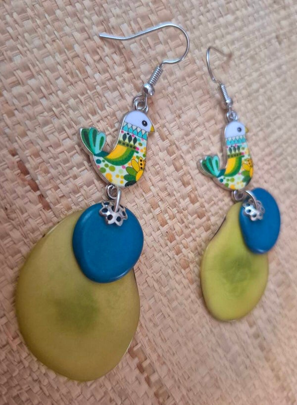 Boucles d'oreilles Tagua : oiseaux verts "Mésange" différents modèles