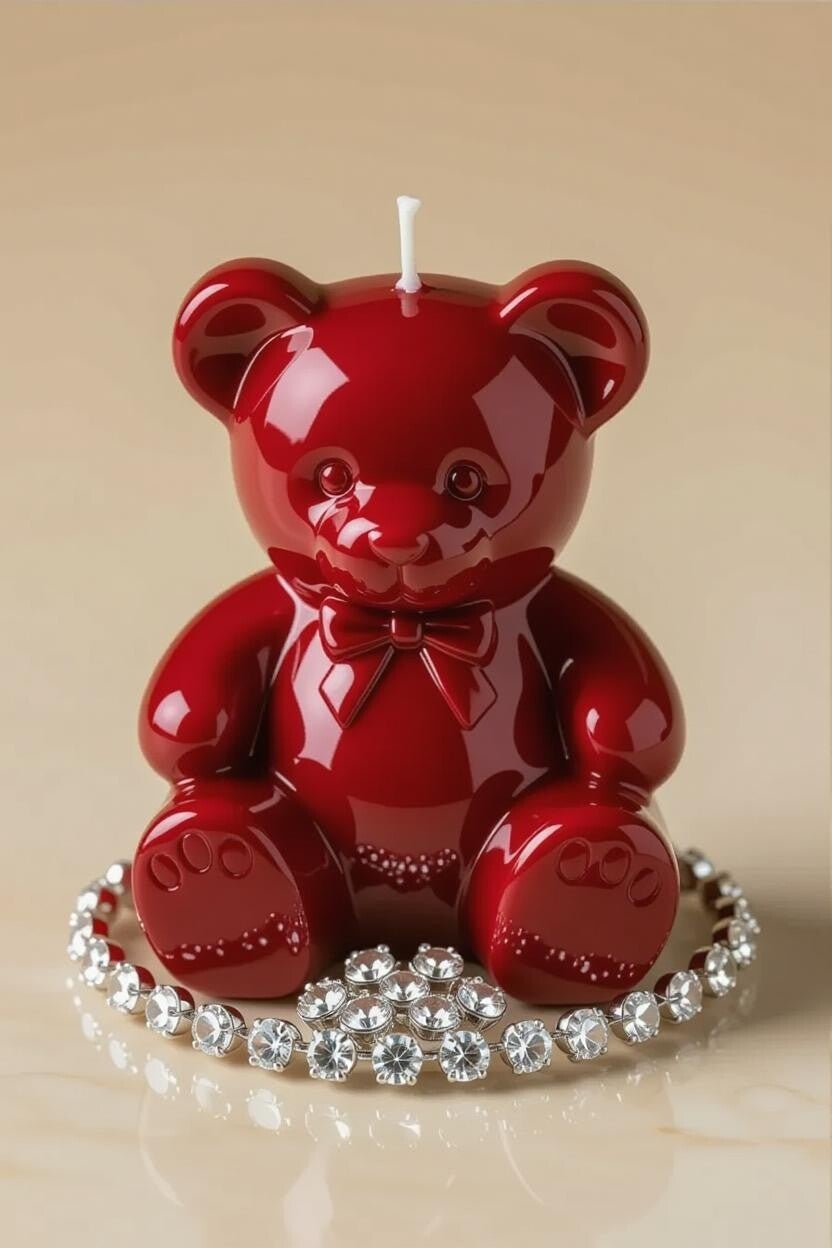 Elegant Red Teddy Candle with Crystal Charm