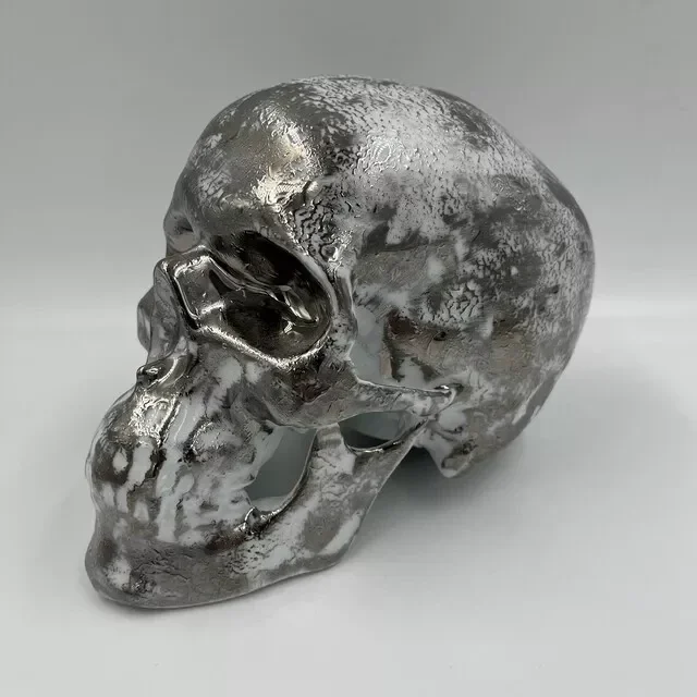 Platinum Silver Ceramic Skull Sculpture