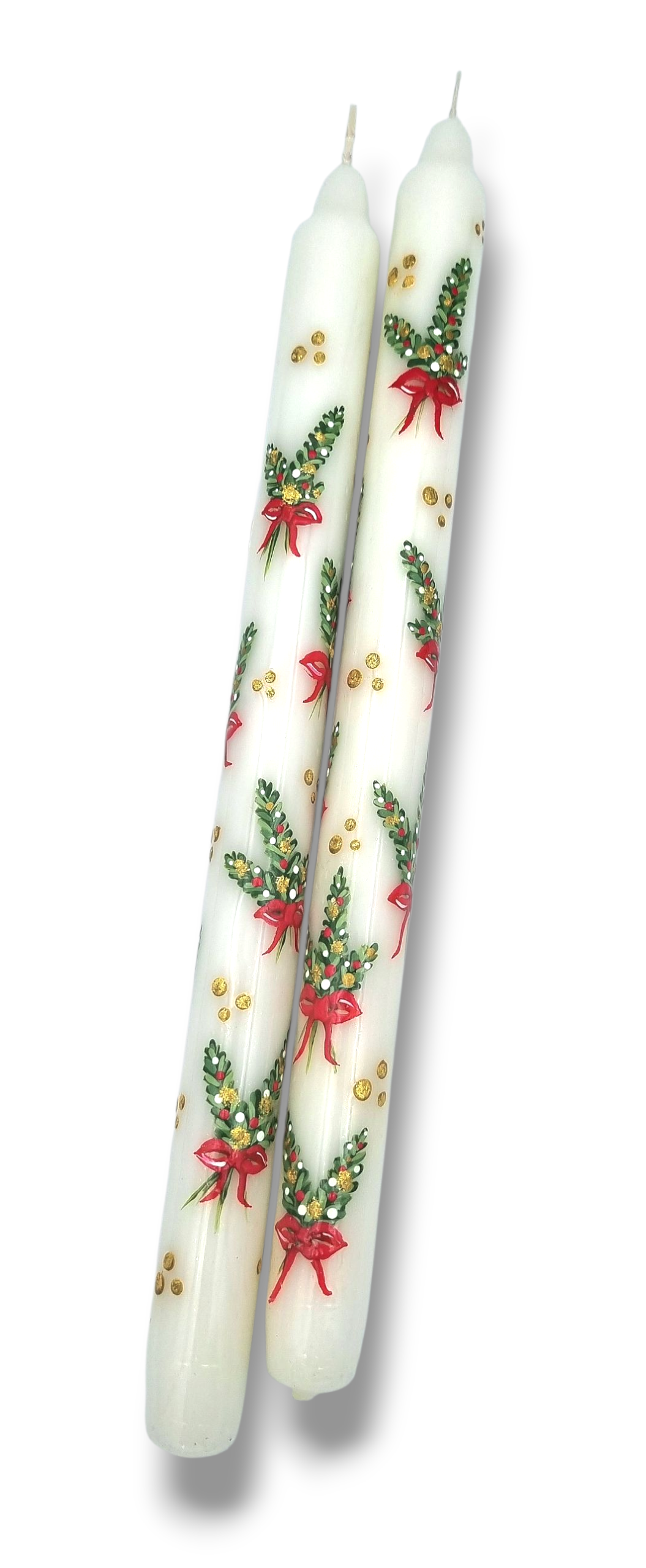 Handgeschilderde Kaarsen Set (2 stuks) – Kerstgroen met Rode Strik & Goud | Luclo Arts