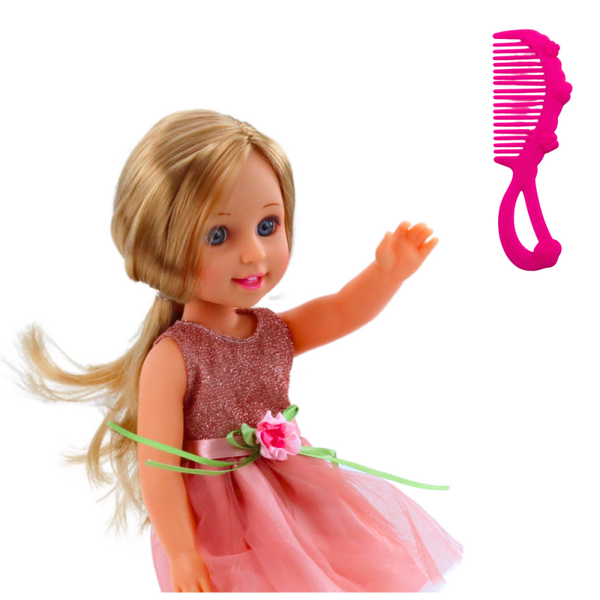 DUŻA LALKA BLOND WŁOSY W SUKIENCE Z GRZEBIENIEM 38CM