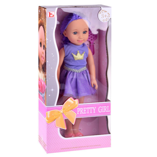 DUŻA LALKA FIOLETOWE WŁOSY W SUKIENCE ZE SZCZOTKĄ 38CM