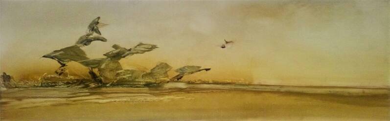 Trek naar het zuiden, olieverf op papier op forex, 150 x 40 cm (ong)