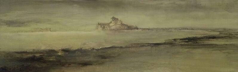 Reis langs de horizon, olieverf op papier, 120 x 40 cm