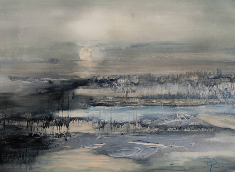 Verlicht door de maan, olieverf op papier, 90 x 70 cm