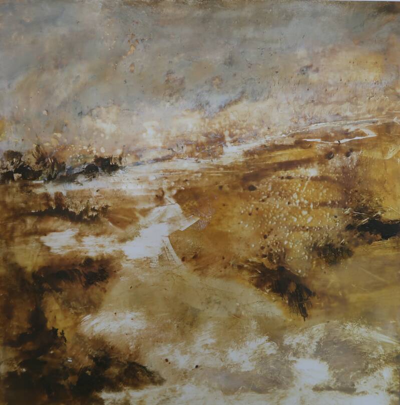 Vertes en verder, olieverf en koude was op polypropyleen, 50 x 50 cm