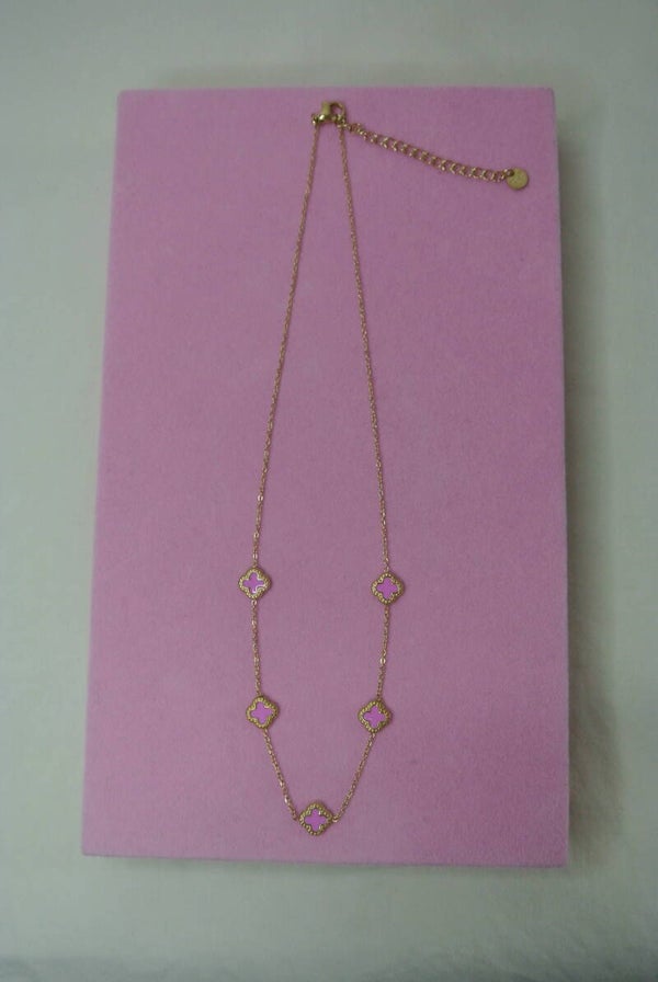 KETTING KLEIN KLAVER ROZE - GOUD