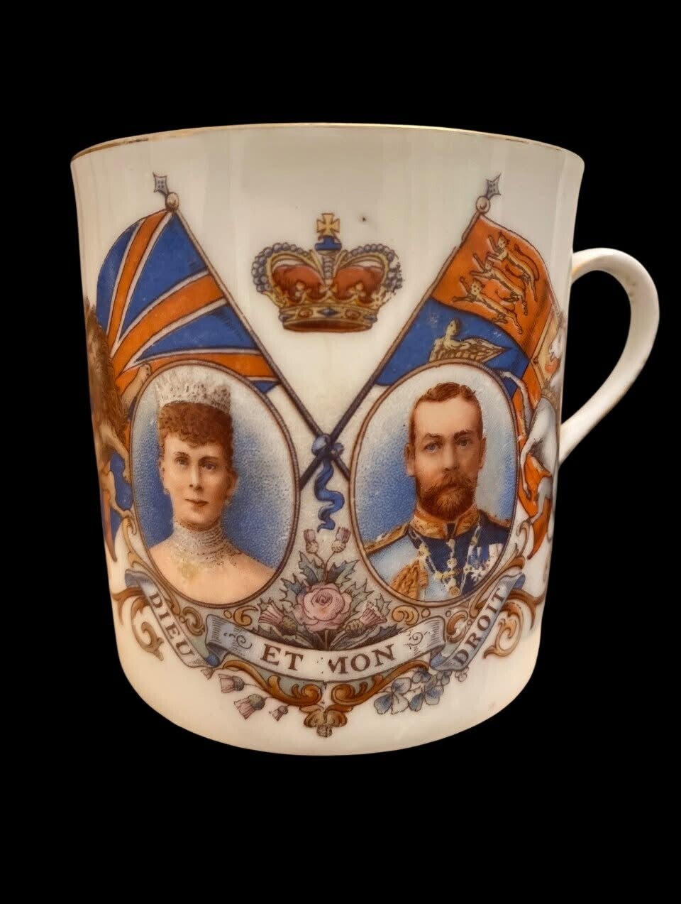 Tasse commémorative britannique George V & Queen Mary – « Dieu et mon droit » – vers 1911