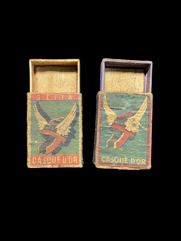 Deux anciennes boîtes d'allumettes SEITA « Casque d'Or » — années 1930-1950