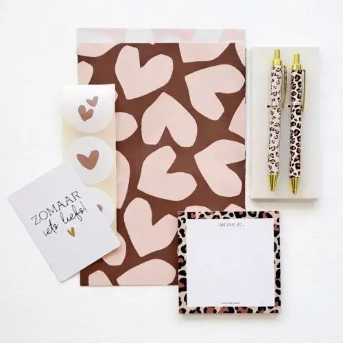 brievenbusdoos cadeautje met  notitieblokje en pennenset