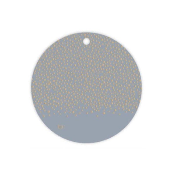 Ronde label, grijs met gouden stippen.