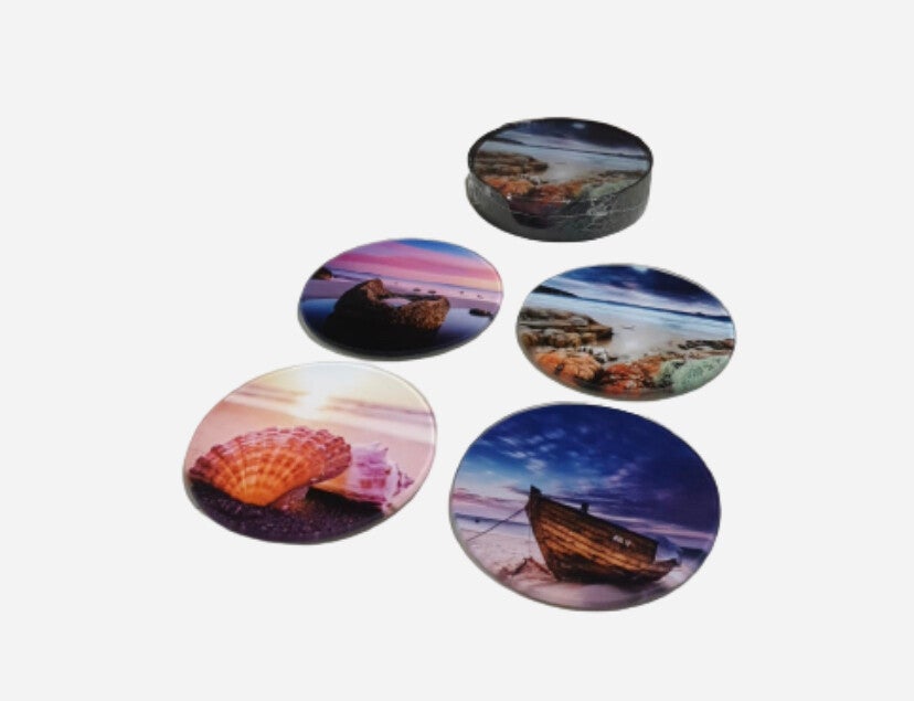 Set/4 glazen onderzetters Ø10cm Strand