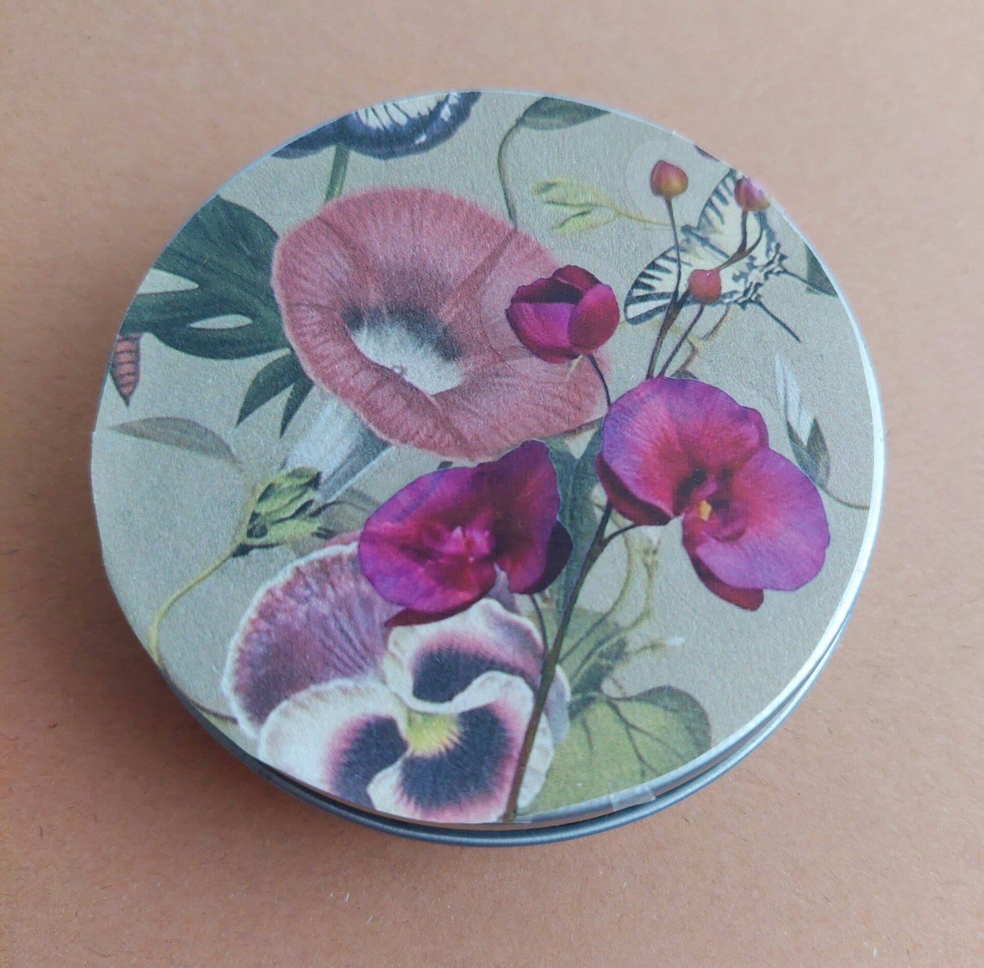Stickers in rond blikje | bloemen paars