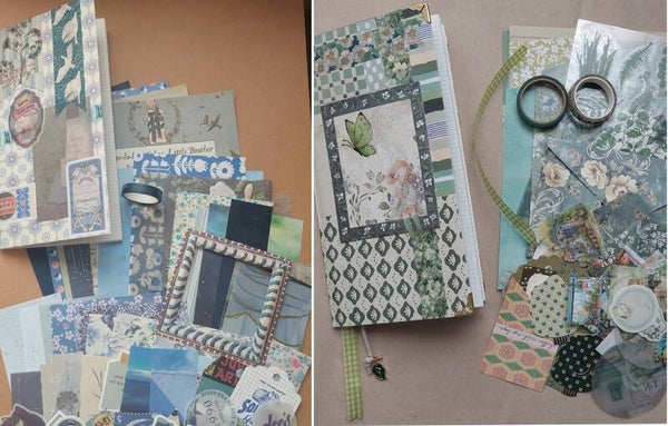 VOORDEEL | 2X journal smal blauw en groen met papierpakketje