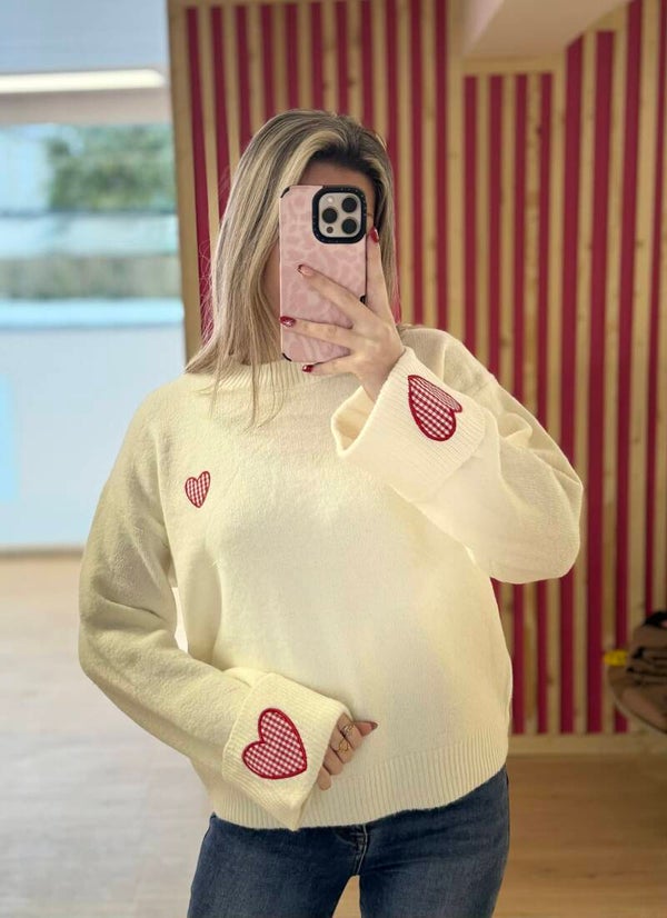 Pull coeur vichy - écru