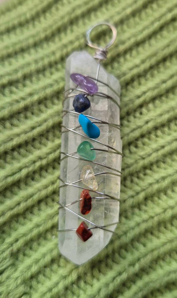 Quartz point pendant with chakra chips - handmade