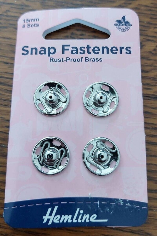 Hemline 15mm Snap Fasteners X 4, Silver/Nickel