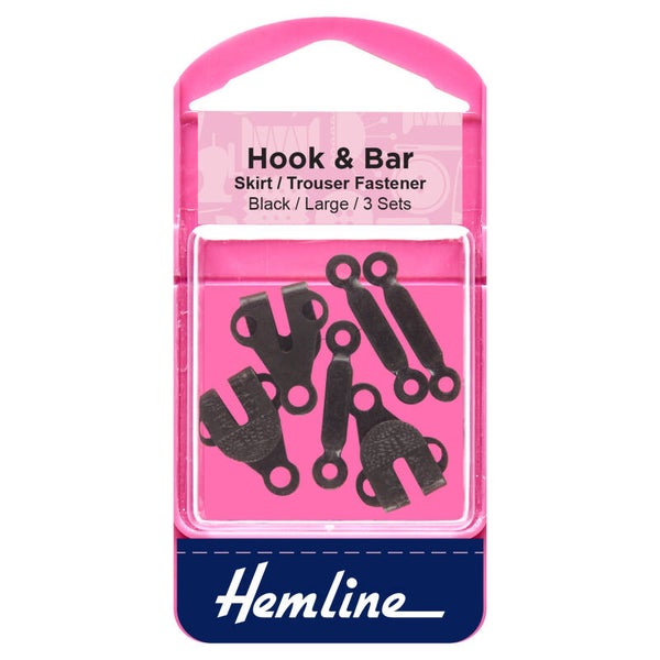 Hemline Skirt/trouser hook and bar fastener. Black, 3 sets - large.