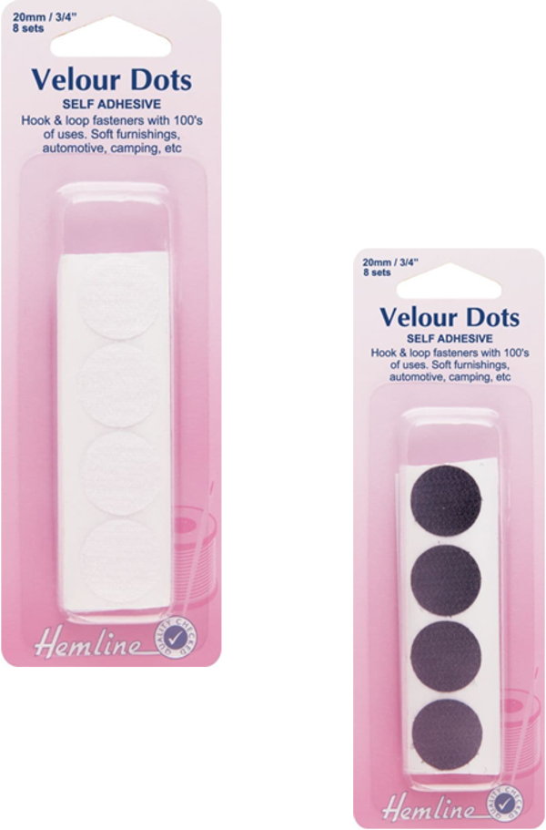 Hemline Hook & Loop Dots: Stick-On: 8 sets of 20mm: White or Black