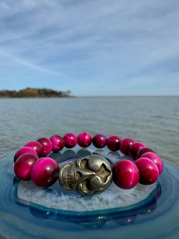 Pink Tigers Eye and Pyrite Skull